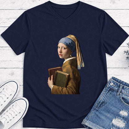 Bookish Girl with a Pearl Earring Ultra-Soft V-Neck | Reader Gift Navy