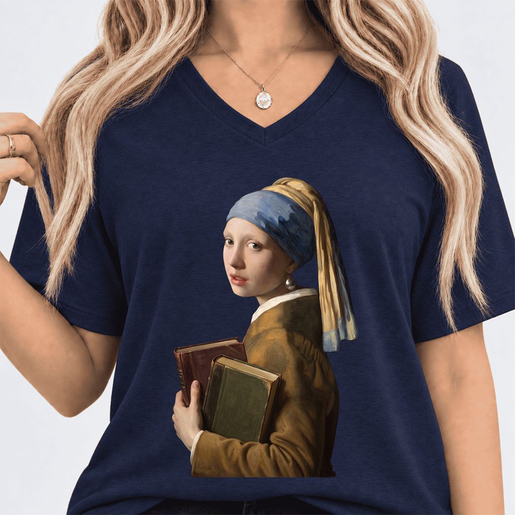 Bookish Girl with a Pearl Earring Ultra-Soft V-Neck | Reader Gift Navy