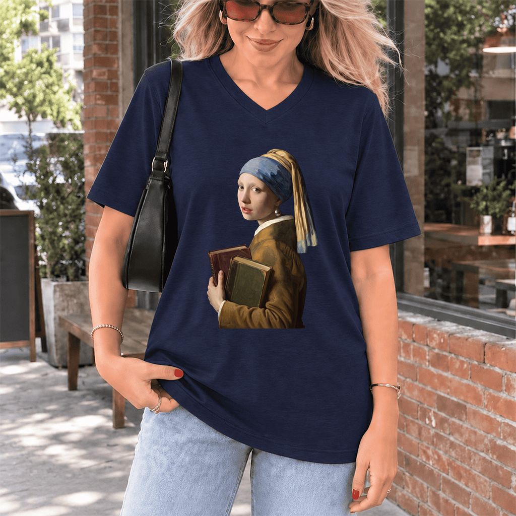 Bookish Girl with a Pearl Earring Ultra-Soft V-Neck | Reader Gift Navy
