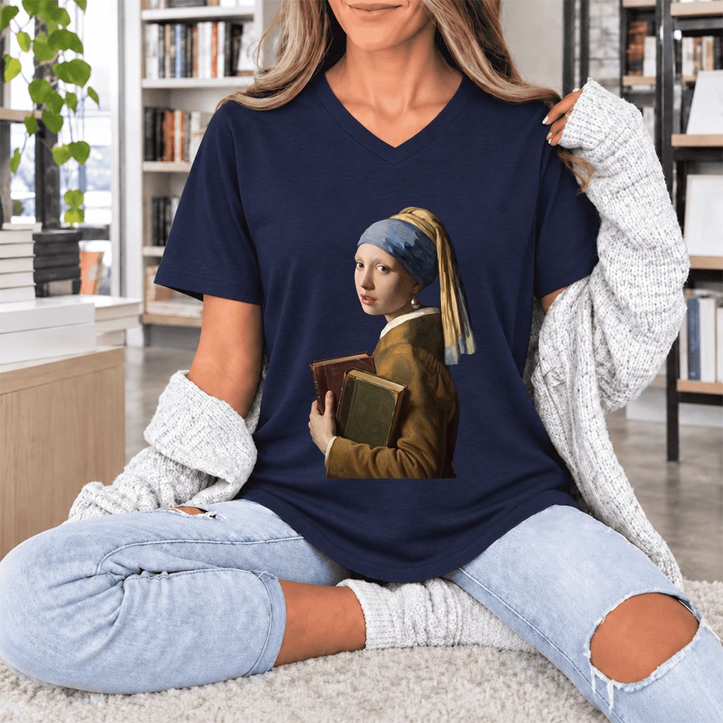 Bookish Girl with a Pearl Earring Ultra-Soft V-Neck | Reader Gift Navy