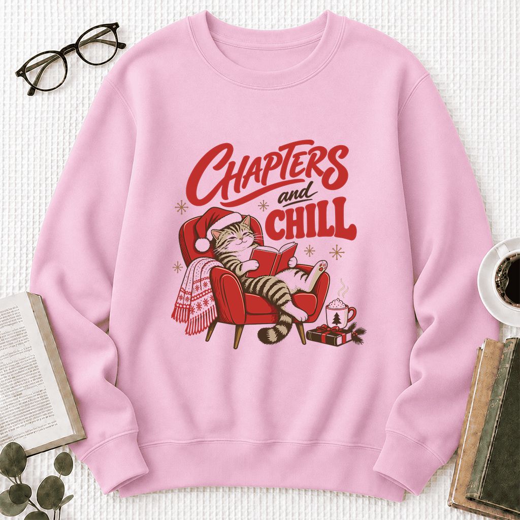 Chapters And Chill Printed Sweatshirt | Christmas Reader Gift Light Pink