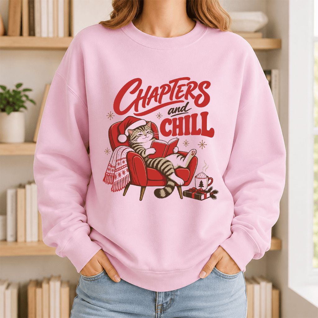 Chapters And Chill Printed Sweatshirt | Christmas Reader Gift Light Pink