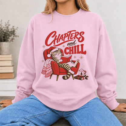 Chapters And Chill Printed Sweatshirt | Christmas Reader Gift Light Pink