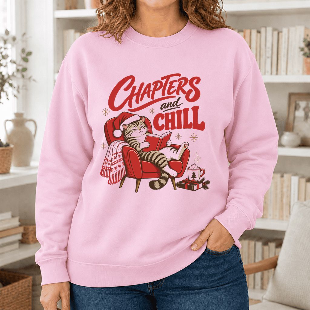 Chapters And Chill Printed Sweatshirt | Christmas Reader Gift Light Pink