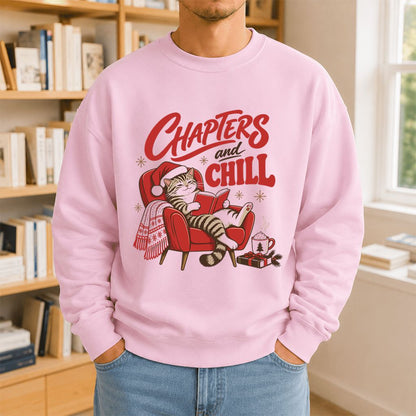 Chapters And Chill Printed Sweatshirt | Christmas Reader Gift Light Pink