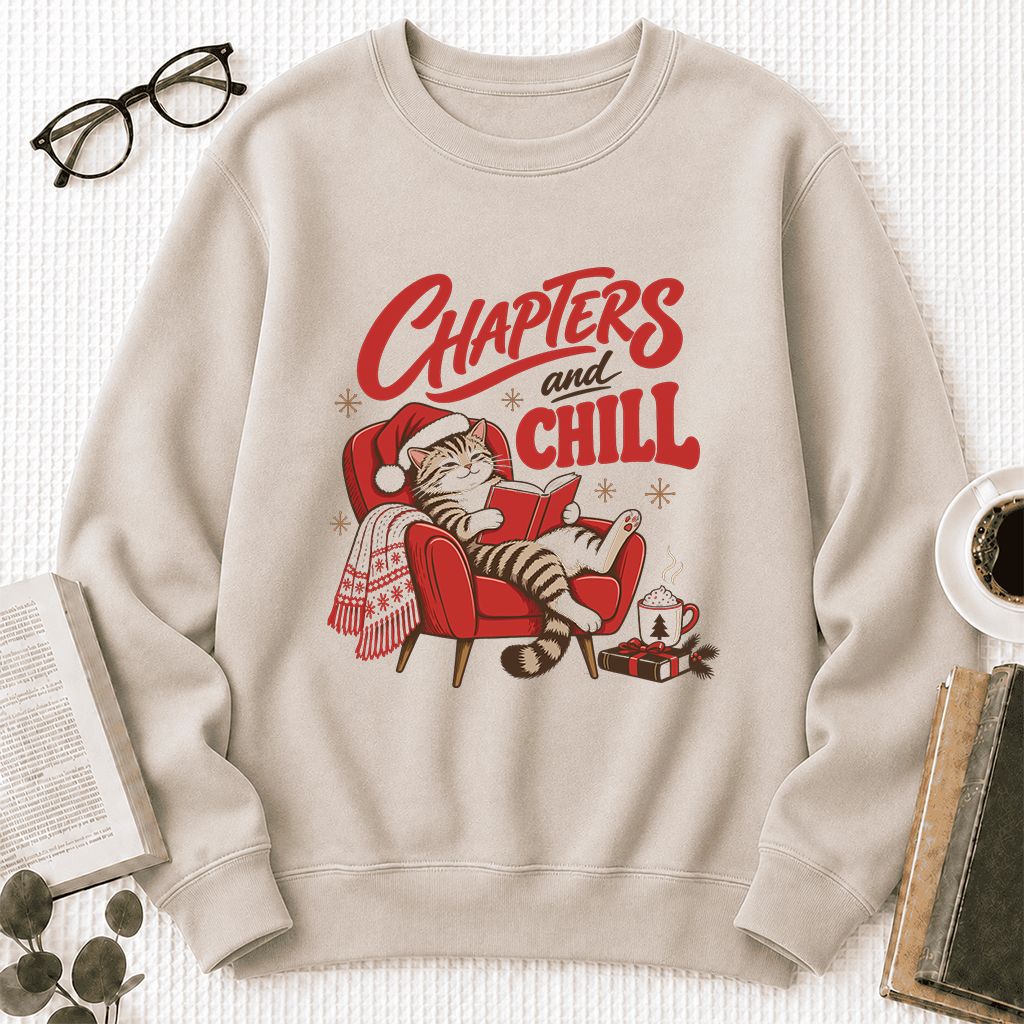 Chapters And Chill Printed Sweatshirt | Christmas Reader Gift Sand