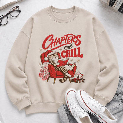 Chapters And Chill Printed Sweatshirt | Christmas Reader Gift Sand
