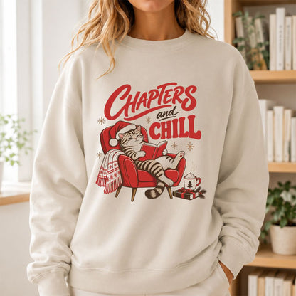 Chapters And Chill Printed Sweatshirt | Christmas Reader Gift Sand