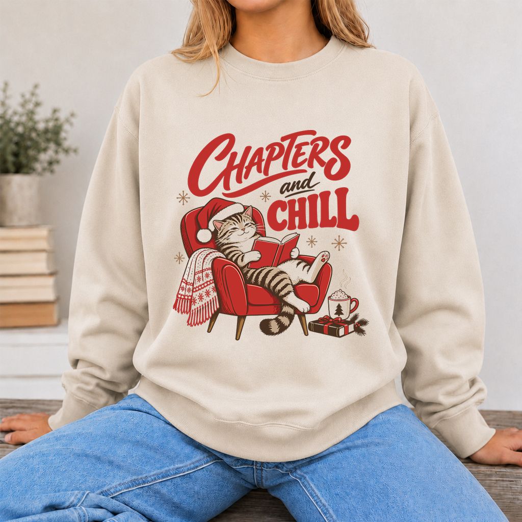 Chapters And Chill Printed Sweatshirt | Christmas Reader Gift Sand
