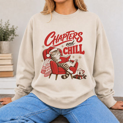 Chapters And Chill Printed Sweatshirt | Christmas Reader Gift Sand