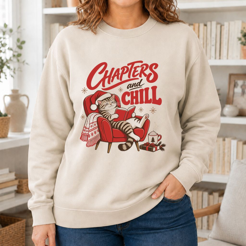 Chapters And Chill Printed Sweatshirt | Christmas Reader Gift Sand