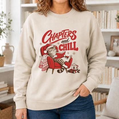 Chapters And Chill Printed Sweatshirt | Christmas Reader Gift Sand