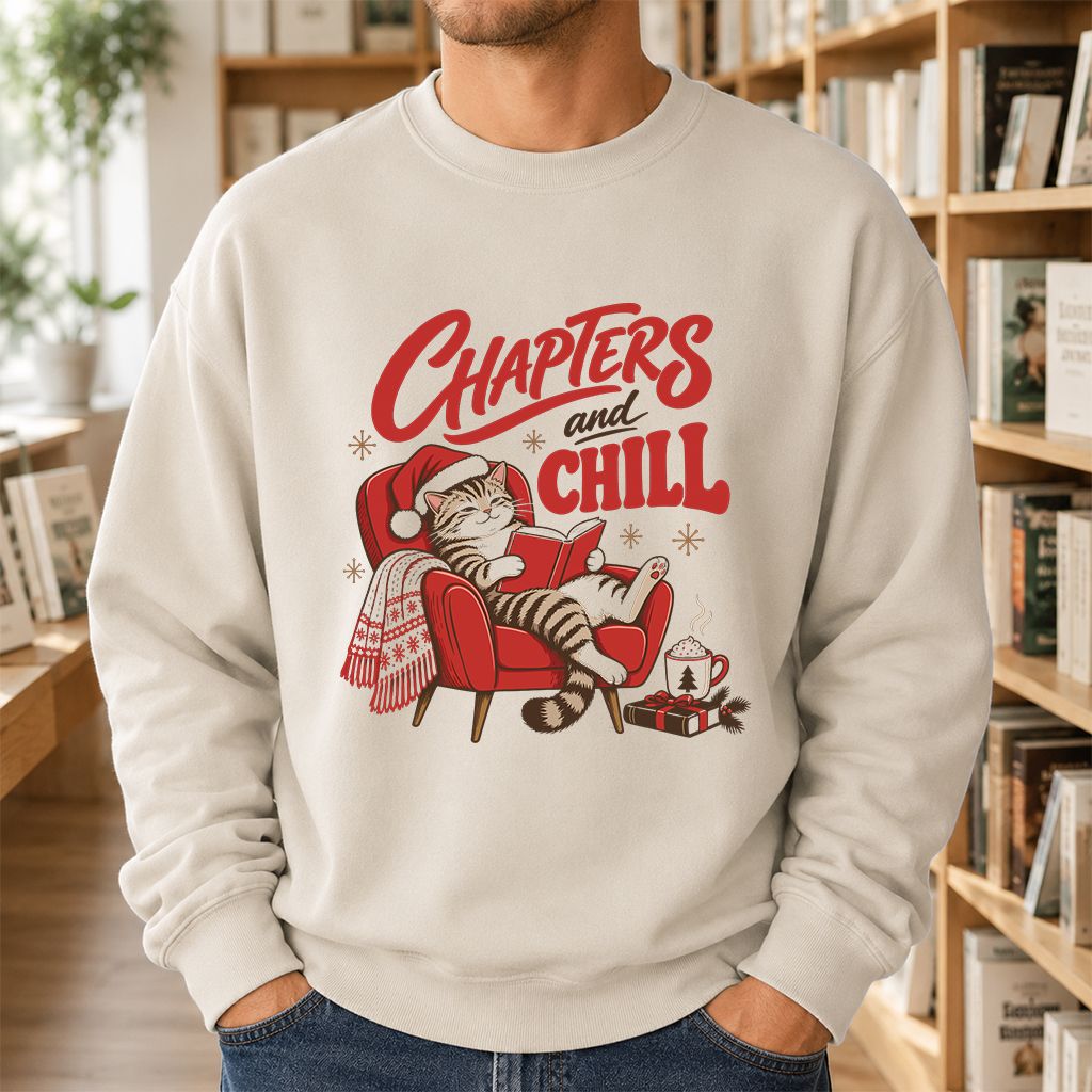 Chapters And Chill Printed Sweatshirt | Christmas Reader Gift Sand