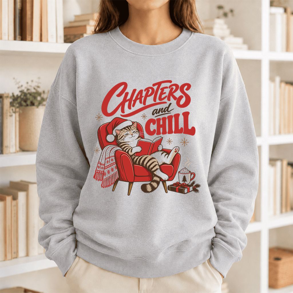 Chapters And Chill Printed Sweatshirt | Christmas Reader Gift Sport Grey