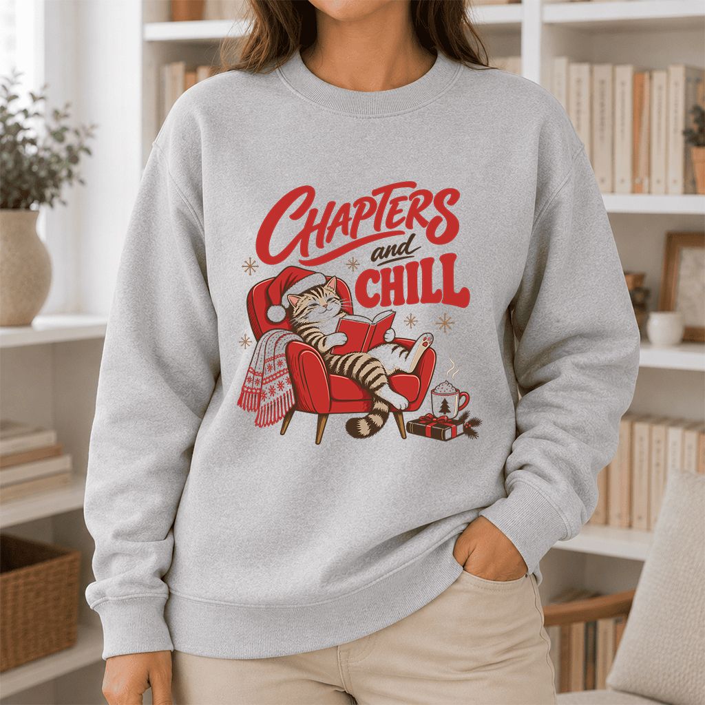 Chapters And Chill Printed Sweatshirt | Christmas Reader Gift Sport Grey