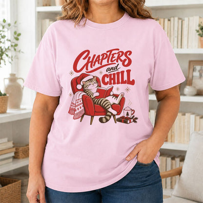 Chapters And Chill Printed T-Shirt | Christmas Reader Gift Light Pink