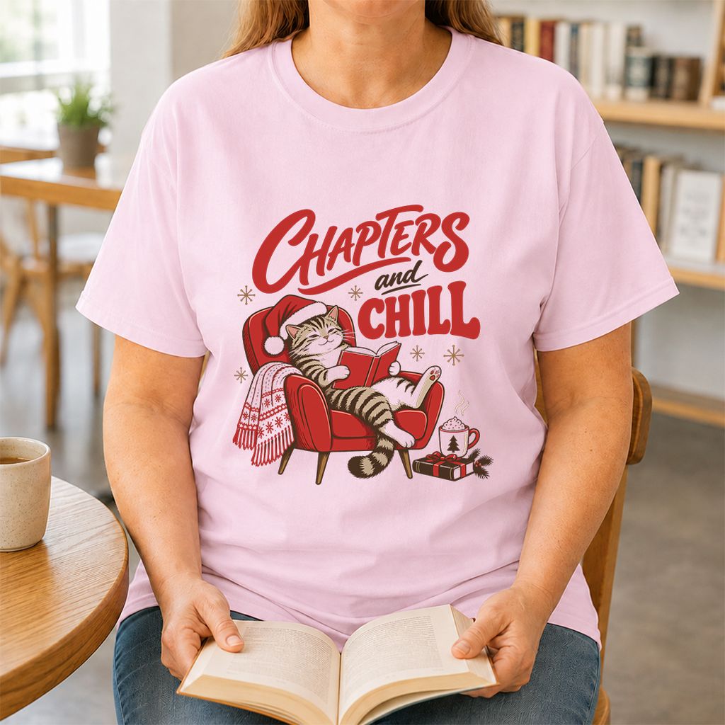 Chapters And Chill Printed T-Shirt | Christmas Reader Gift Light Pink