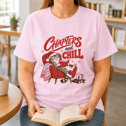 Chapters And Chill Printed T-Shirt | Christmas Reader Gift Light Pink