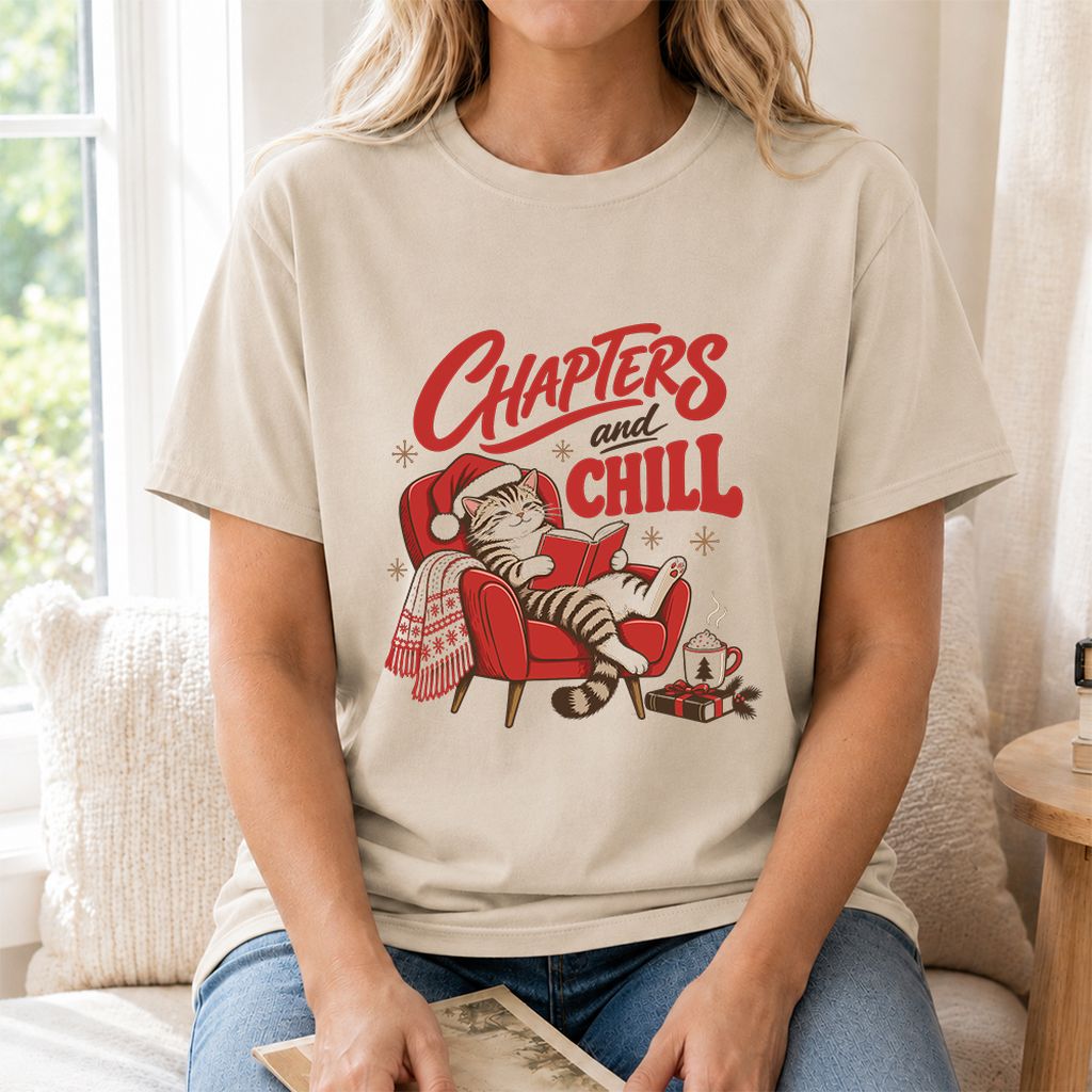 Chapters And Chill Printed T-Shirt | Christmas Reader Gift Sand