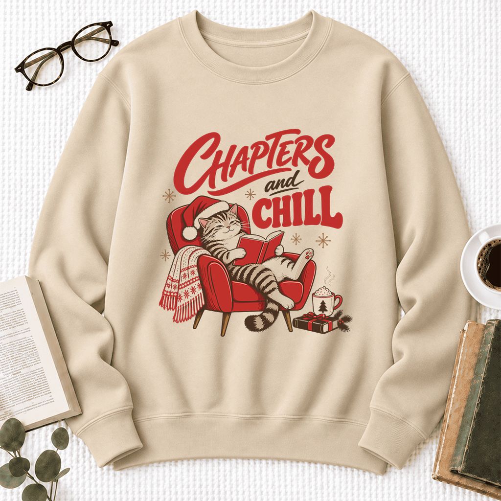 Chapters and Chill Softstyle Sweatshirt | Christmas Cat Lover Reader Gift Sand