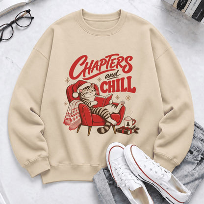 Chapters and Chill Softstyle Sweatshirt | Christmas Cat Lover Reader Gift Sand
