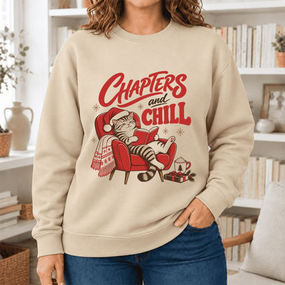 Chapters and Chill Softstyle Sweatshirt | Christmas Cat Lover Reader Gift Sand