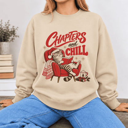 Chapters and Chill Softstyle Sweatshirt | Christmas Cat Lover Reader Gift Sand