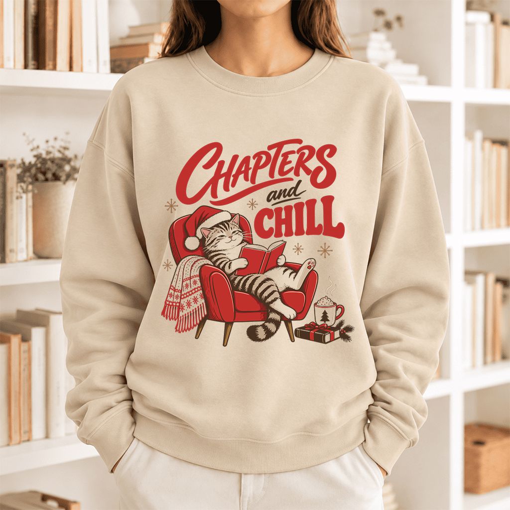 Chapters and Chill Softstyle Sweatshirt | Christmas Cat Lover Reader Gift Sand