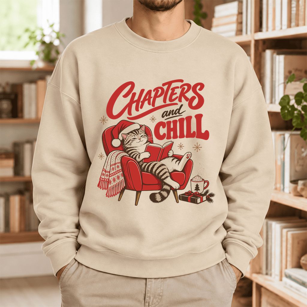 Chapters and Chill Softstyle Sweatshirt | Christmas Cat Lover Reader Gift Sand
