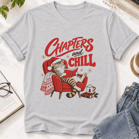 Chapters And Chill Ultra-Soft V-Neck | Christmas Reader Gift Ash