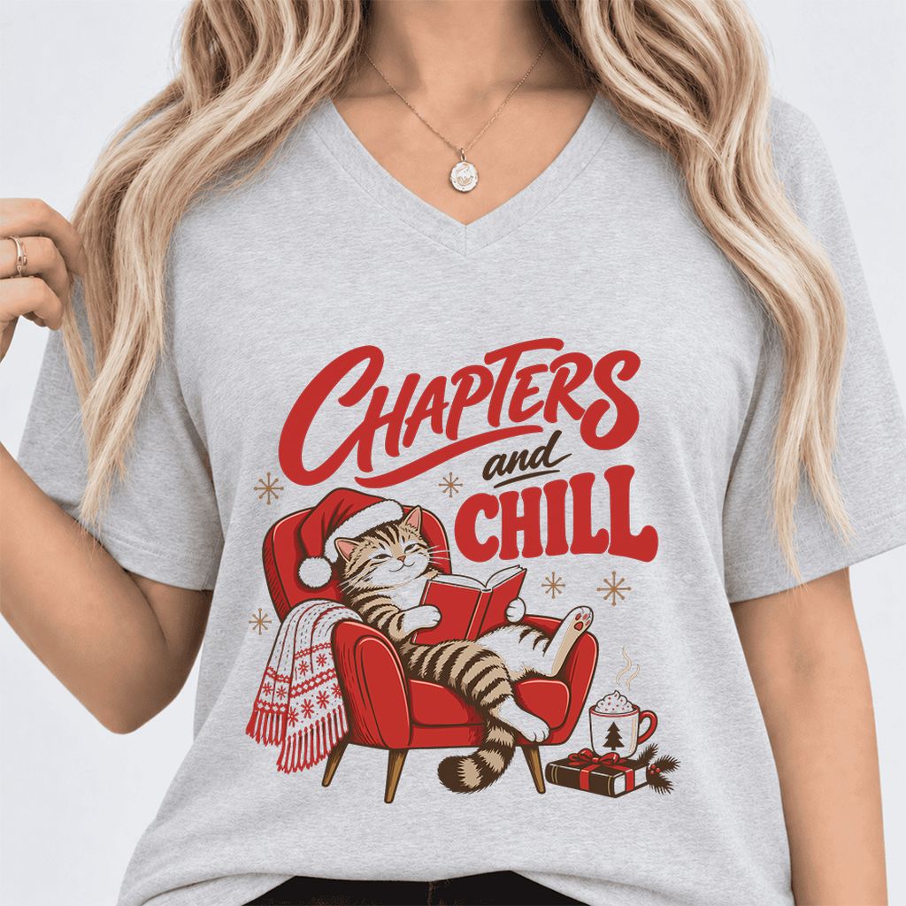 Chapters And Chill Ultra-Soft V-Neck | Christmas Reader Gift Ash