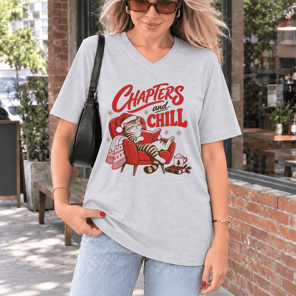 Chapters And Chill Ultra-Soft V-Neck | Christmas Reader Gift Ash