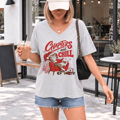 Chapters And Chill Ultra-Soft V-Neck | Christmas Reader Gift Ash