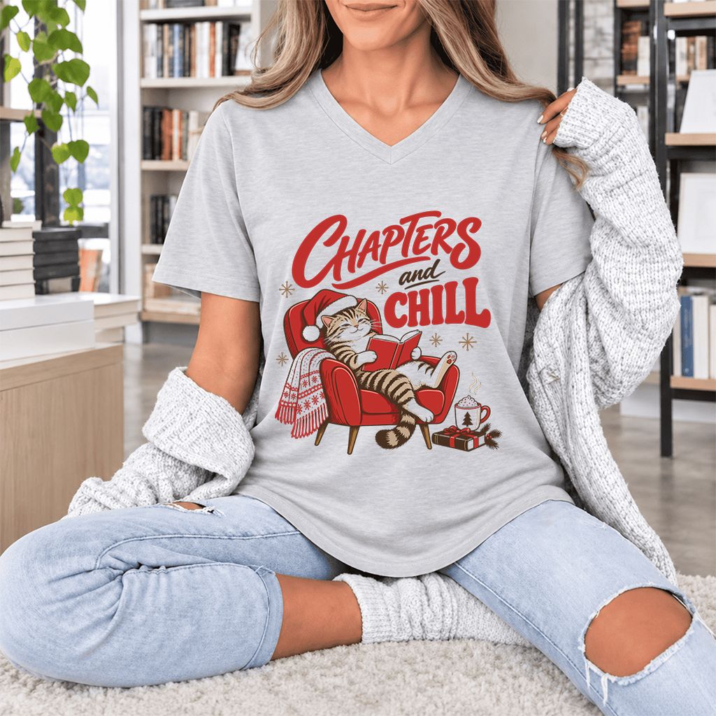 Chapters And Chill Ultra-Soft V-Neck | Christmas Reader Gift Ash