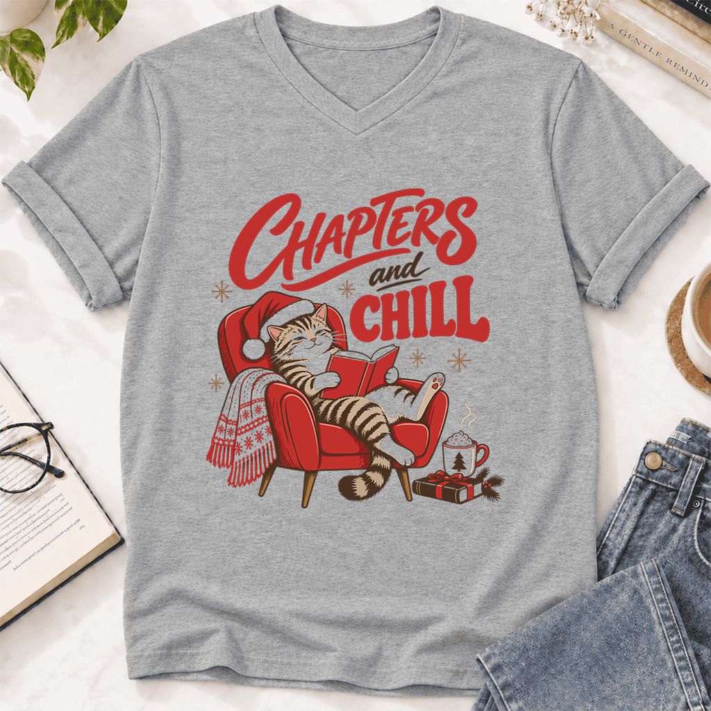 Chapters And Chill Ultra-Soft V-Neck | Christmas Reader Gift Athletic Heather