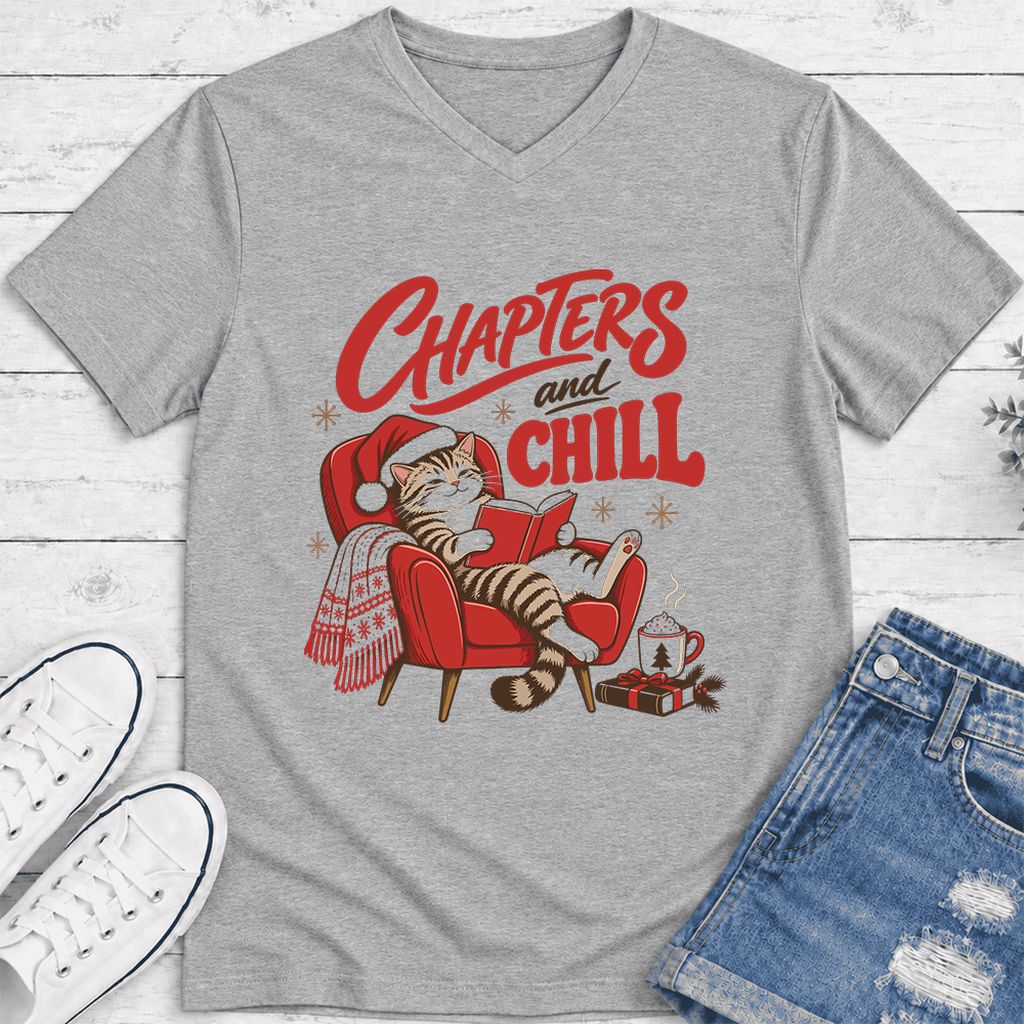 Chapters And Chill Ultra-Soft V-Neck | Christmas Reader Gift Athletic Heather