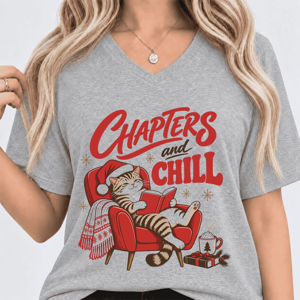 Chapters And Chill Ultra-Soft V-Neck | Christmas Reader Gift Athletic Heather