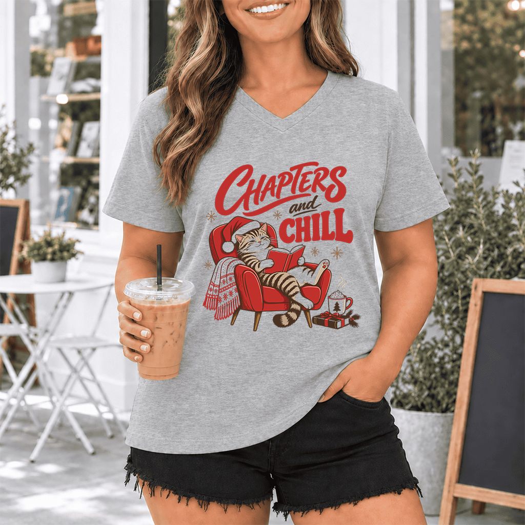 Chapters And Chill Ultra-Soft V-Neck | Christmas Reader Gift Athletic Heather