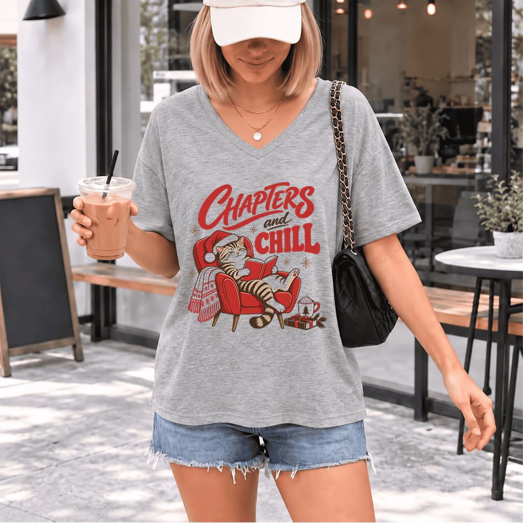 Chapters And Chill Ultra-Soft V-Neck | Christmas Reader Gift Athletic Heather