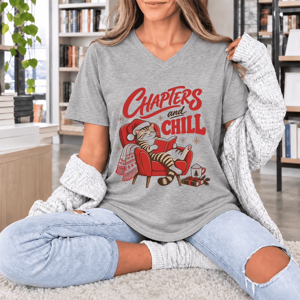 Chapters And Chill Ultra-Soft V-Neck | Christmas Reader Gift Athletic Heather