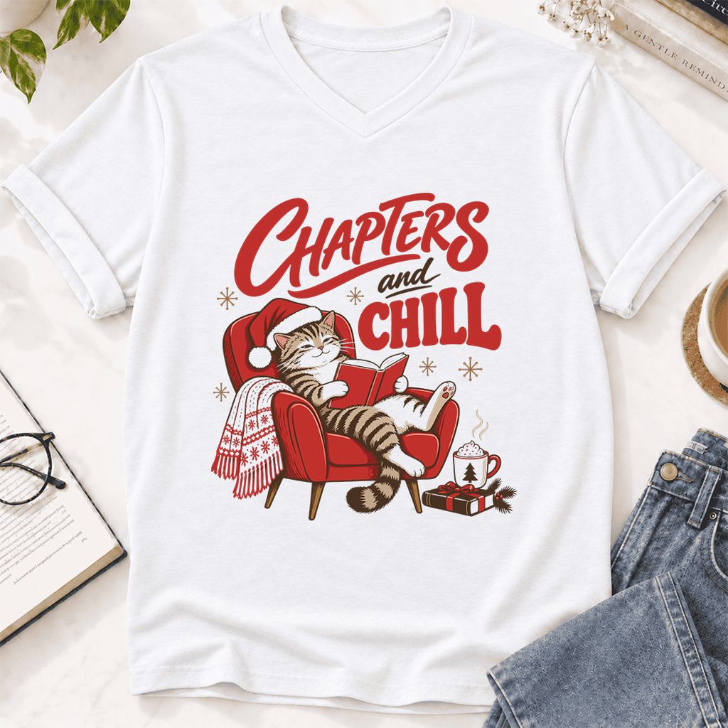 Chapters And Chill Ultra-Soft V-Neck | Christmas Reader Gift White