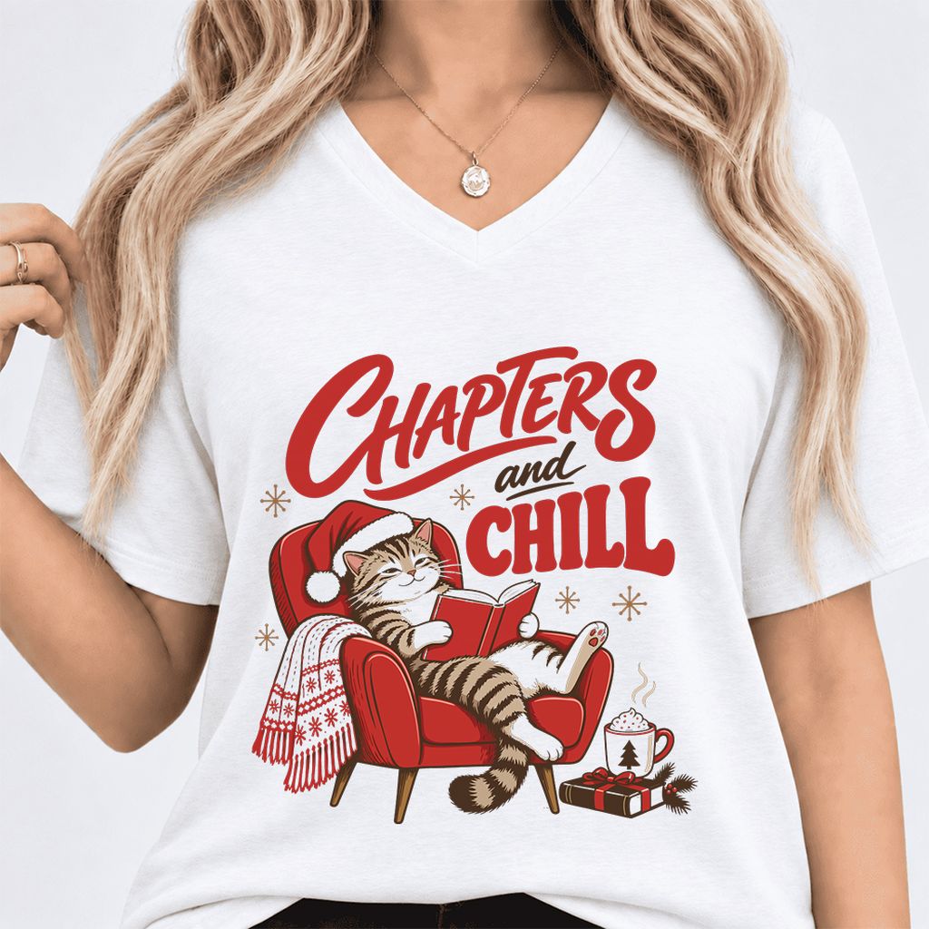 Chapters And Chill Ultra-Soft V-Neck | Christmas Reader Gift White
