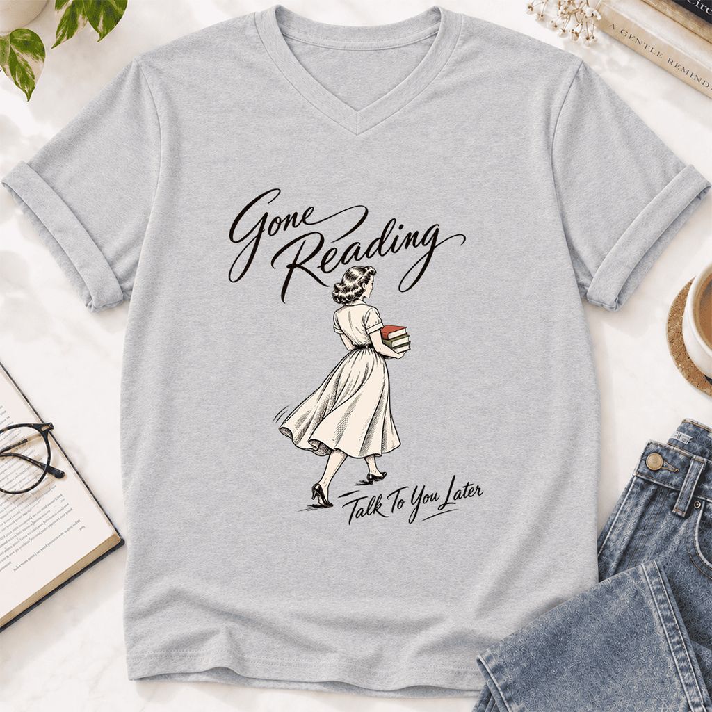 Gone Reading Talk To You Later Ultra-Soft V-Neck | Book Lover Gift Ash