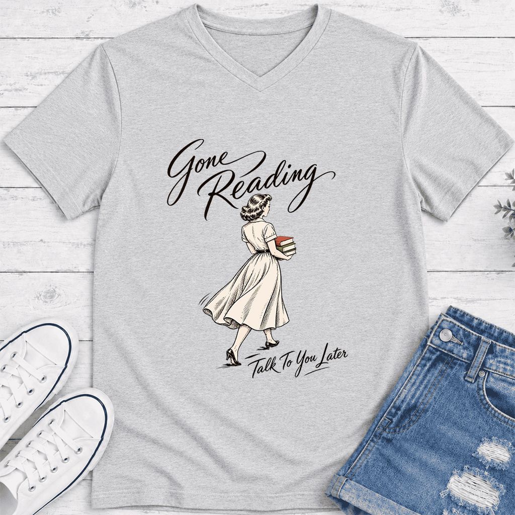 Gone Reading Talk To You Later Ultra-Soft V-Neck | Book Lover Gift Ash