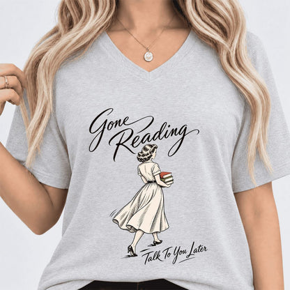 Gone Reading Talk To You Later Ultra-Soft V-Neck | Book Lover Gift Ash