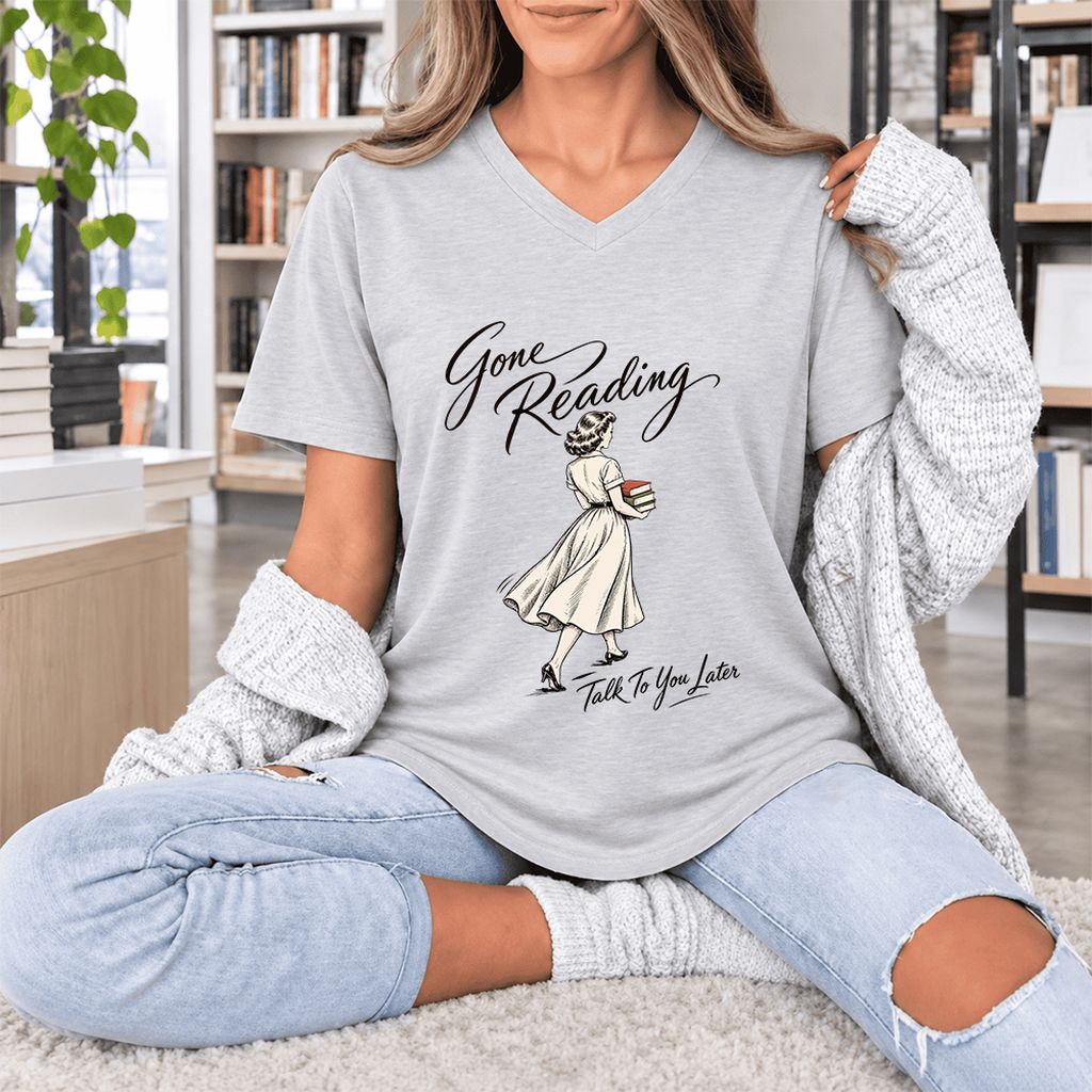 Gone Reading Talk To You Later Ultra-Soft V-Neck | Book Lover Gift Ash