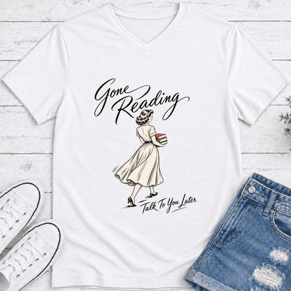 Gone Reading Talk To You Later Ultra-Soft V-Neck | Book Lover Gift White