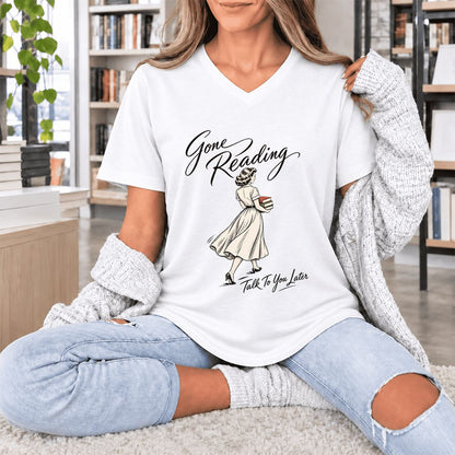 Gone Reading Talk To You Later Ultra-Soft V-Neck | Book Lover Gift White