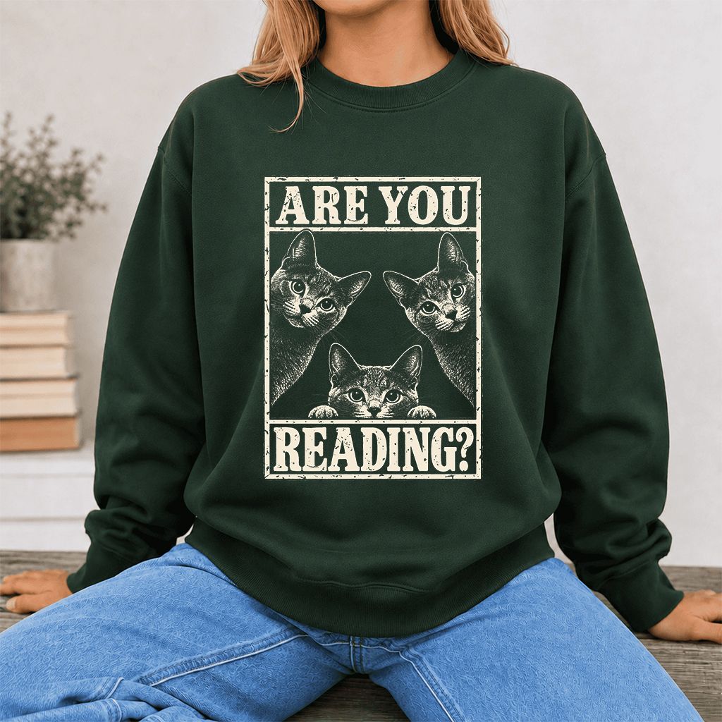 ARE YOU READING Russian Blue Printed Sweatshirt | Cat Lover Gift Forest Green