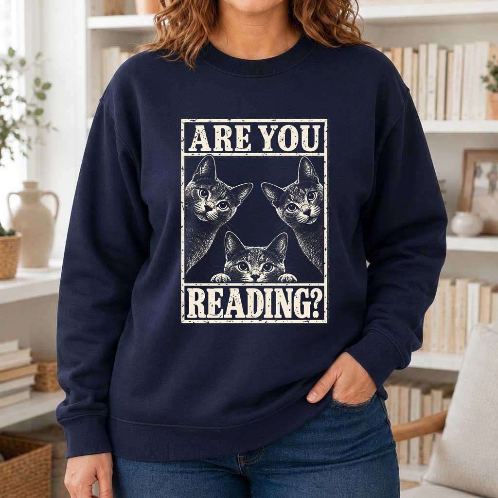 ARE YOU READING Russian Blue Printed Sweatshirt | Cat Lover Gift Navy